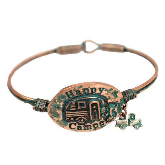 NEW Copper Patina Happy Camper Bracelet Vintage RV Travel Trailer Jewelry - Picture 1 of 7